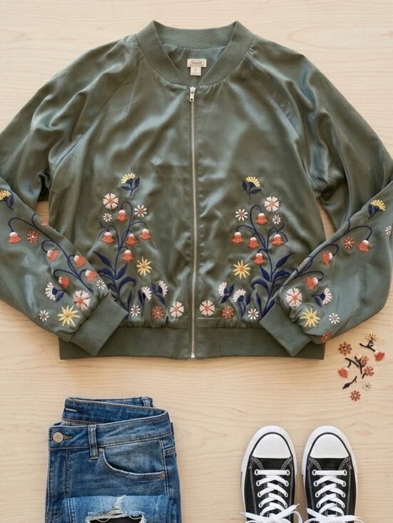 Jackets & Blazers - Olive Embroidered Floral Bomber Jacket - Women